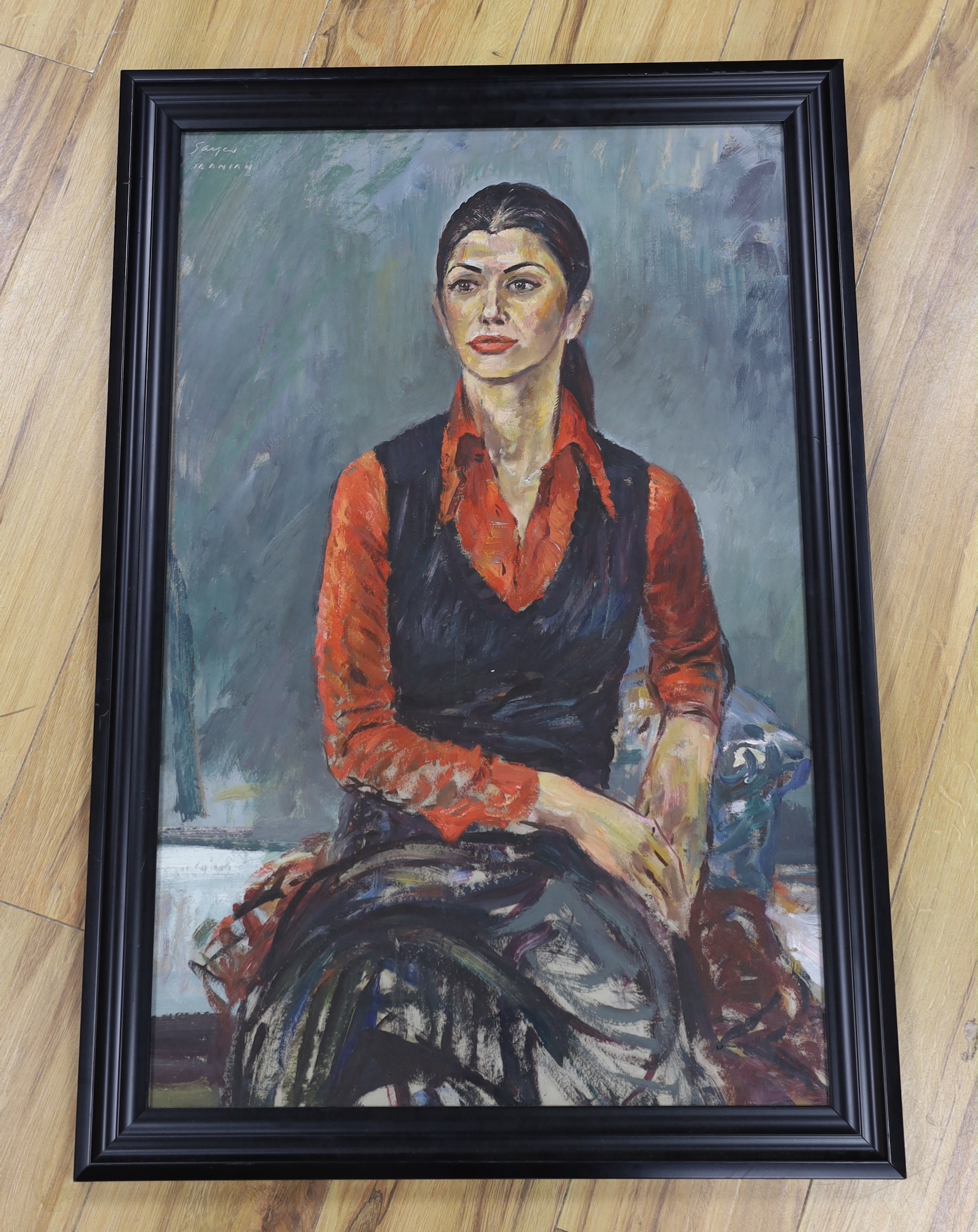 Derek Sayer (b.1917), oil, Portrait of a seated Iranian lady, signed and inscribed, 75cm x 48cm